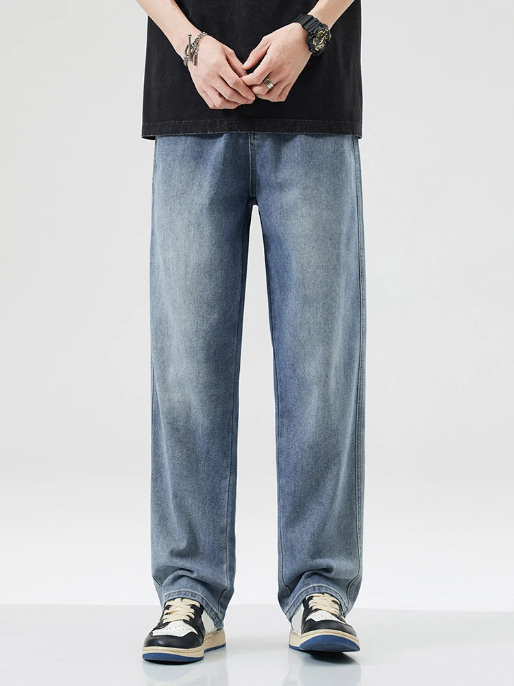 New Men's Cotton Fashion Wide Legs Jeans Y2K Spring Autumn High Street Trendy Casual Baggy Straight Fit Denim Trousers Blue 3
