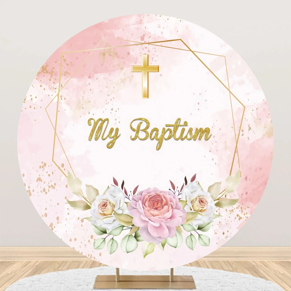 

Mi Bautizo Round Backdrop Baby Shower Christening First Holy Communion Angel Baptism Cross Flowers Circle Photography Background