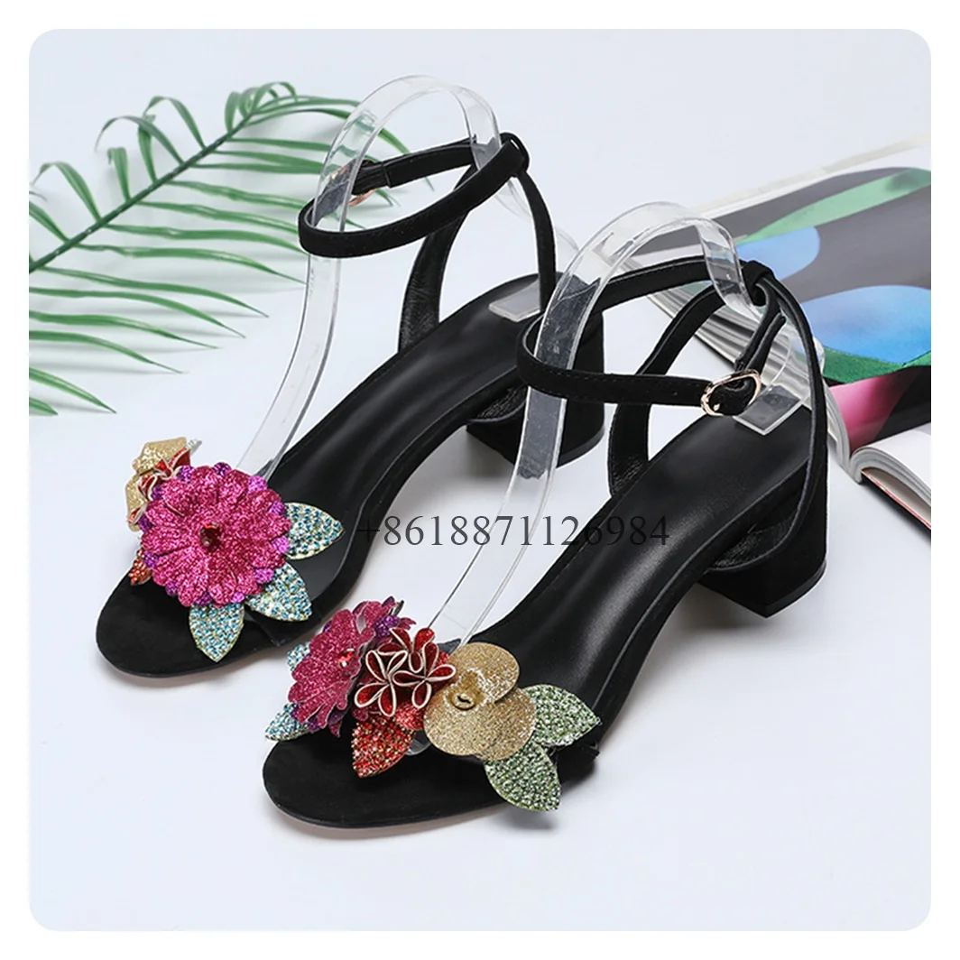 

Black Ankle Strap Round Toe Summer Women Sandals With Rhinestone Flower Chunky High Heels Buckle Strap Design Large Size Shoes