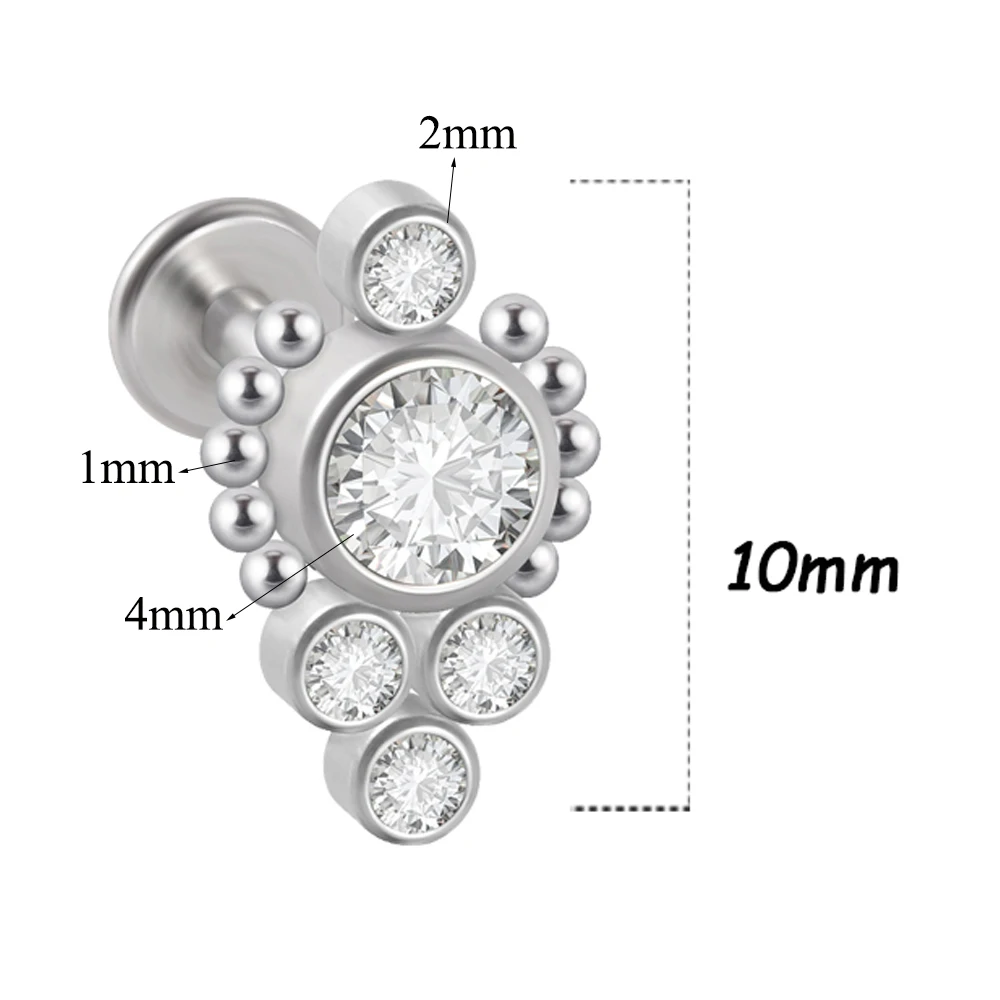 Ear Studs 1PC Surgical Steel Labret Flat Base Crystal Cluster Helix Tragus Cartilage Piercing Jewelry 16G