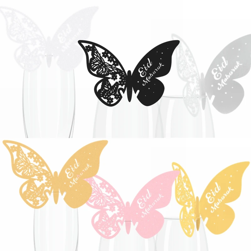 

20pcs Eid Mubarak Hollow Butterfly Cup Cards Ramadan Decoration Paper Place Seats Card Home Islamic Muslim Event Party Supplies