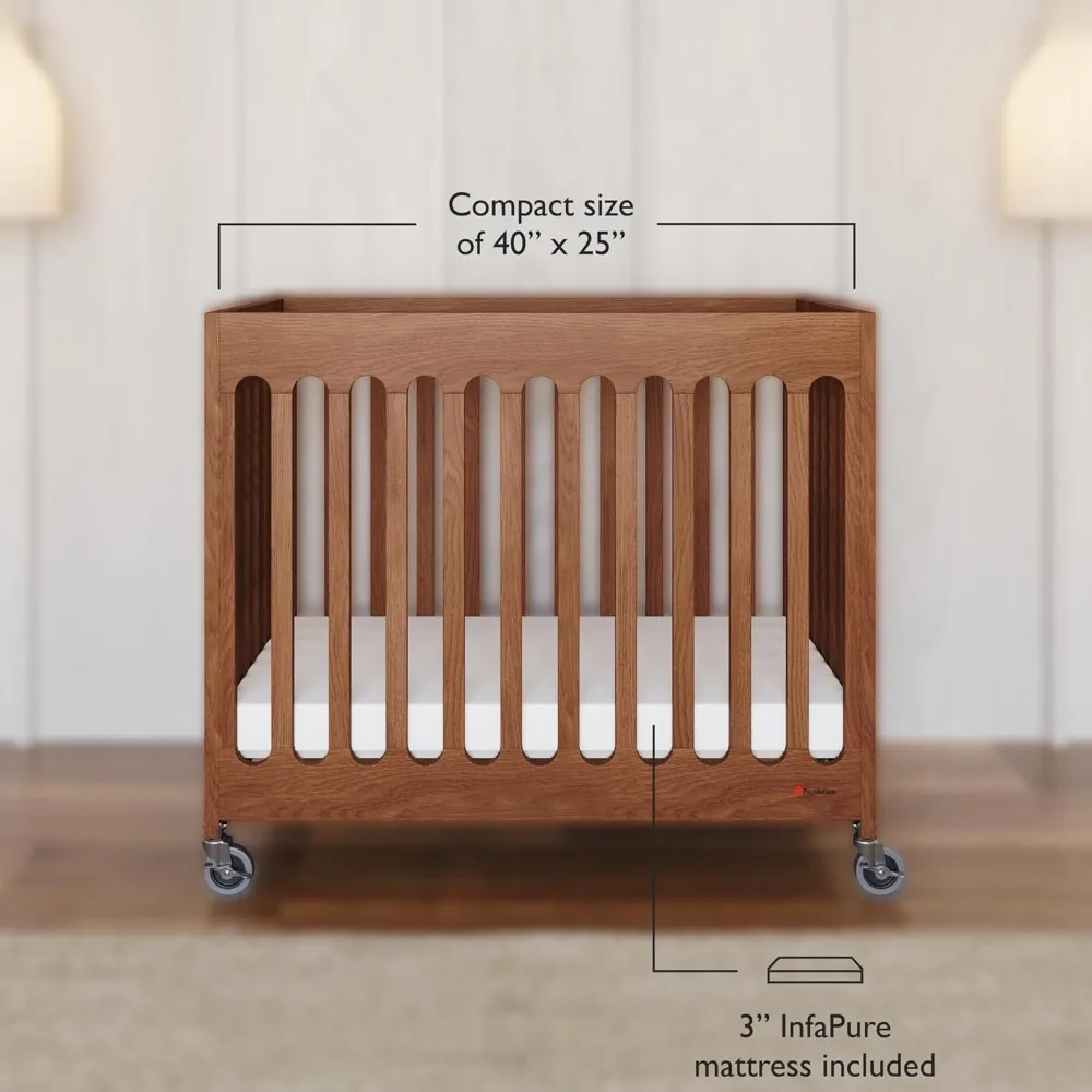 Boutique Compact Folding Crib for Baby, Portable Mini Crib for Hotels, Homes, and Nurseries, Wood Crib, Commercial Casters 3