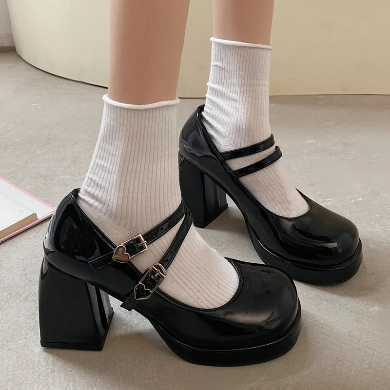 

New Patent Leather High Heels Pumps Women Double Buckle Ankle Strap Mary Jane Shoes Woman Platform Thick Heeled Party Shoes