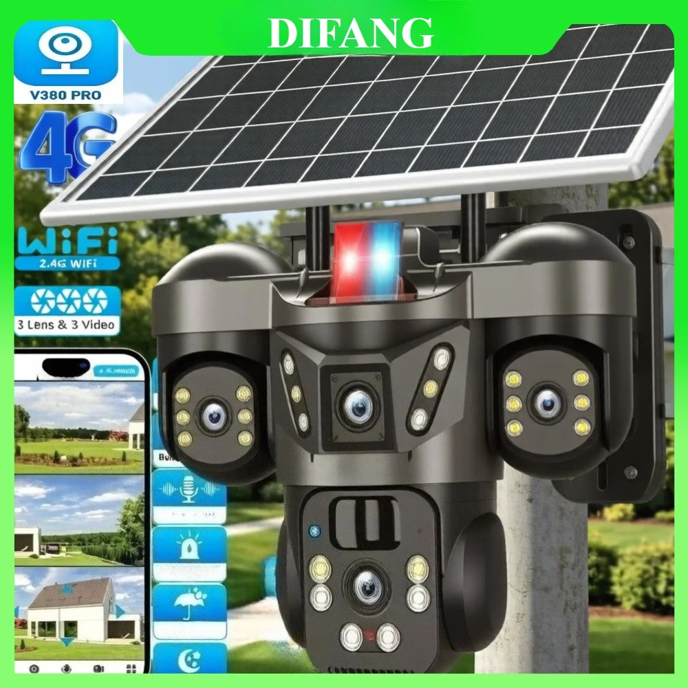 V380 Pro 무선 태양광 보안 카메라 트리플 스크린 10배 줌 4G 심 카드 태양광 CCTV 장시간 배터리 무선 태양광 WiFi IP 카메라