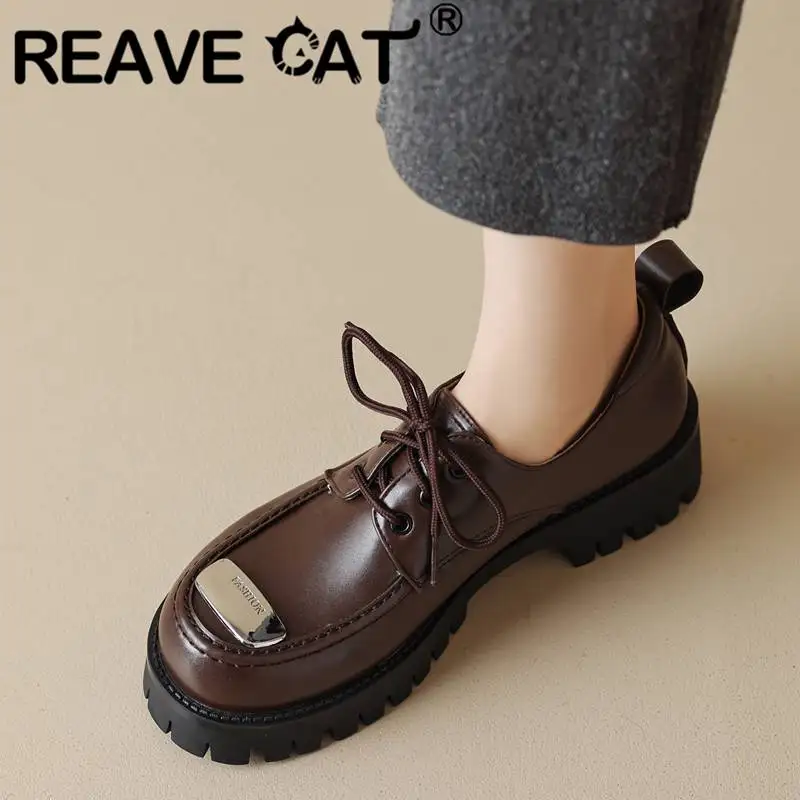 

REAVE CAT Design Shoes Women Round Toe Thick Bottom Lace Up Metal Decoration Deep Female Flats Leisure Daily Soft Big Size 42 43