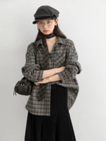 CHIC VEN nouvelles femmes chemise ample décontracté à manches longues Vintage épais ponçage femme Blouses à carreaux simple boutonnage automne hiver 2025 4