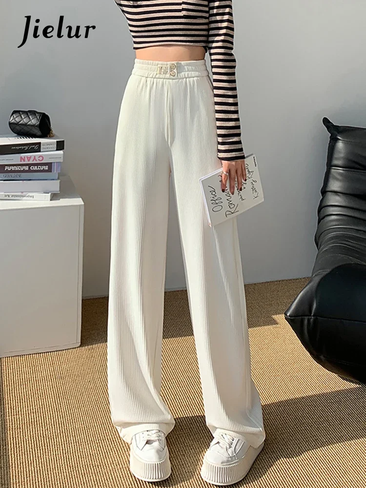 Jielur Green High Waist Female Wide Leg Pants Solid Color Double Buttons Loose Women Pants Slim Straight Full Length Chic Pants
