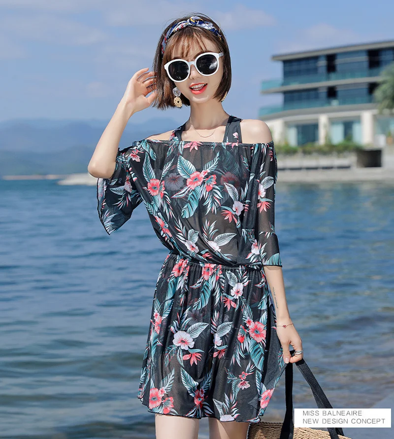 conservative Korean Style swimsuit With Short Womens. bathing Suits Swim skirt clothes Swimwear. large size 3 PIECE Bikini set long beach dresses