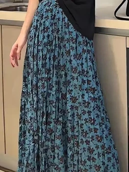 2025 Y2k ملابس الشارع الشهير الصيف عالية الخصر طول الكاحل التنانير الرجعية مرونة الخصر طباعة طيات مطوي فضفاض ألف خط تنورة مع بطانة 2