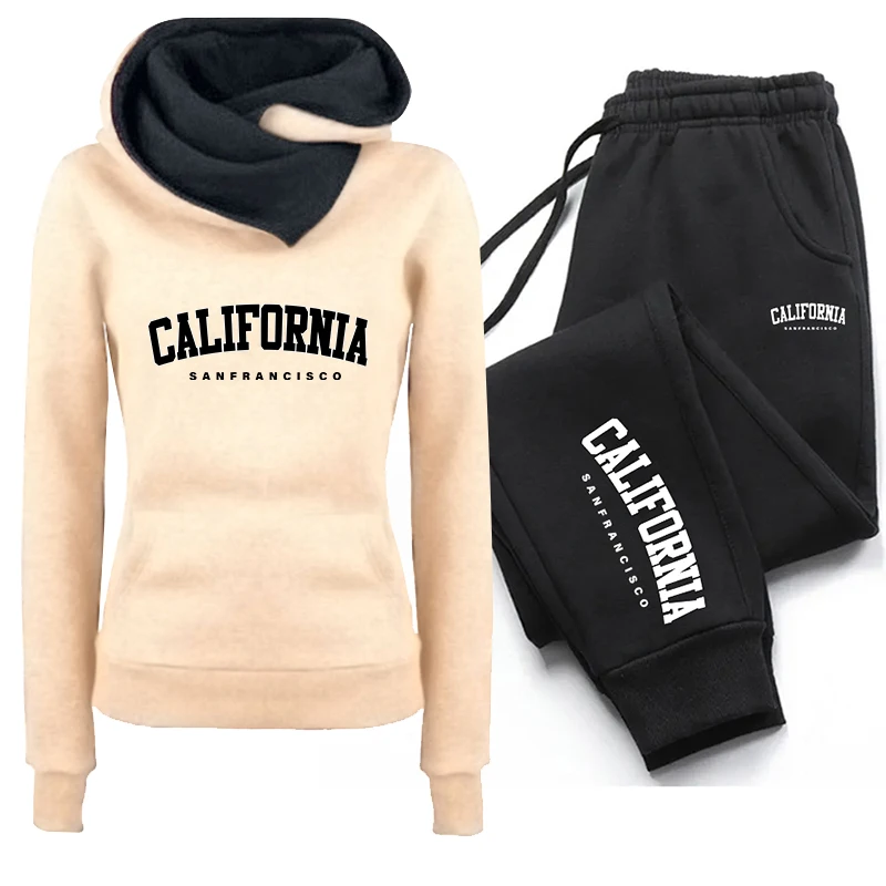 Women Clothing Set Tracksuit Print Double Neck Hooded Sweatshirts Sweatpants 2 Piece Set Autumn Winter Comfortable Warm Casual