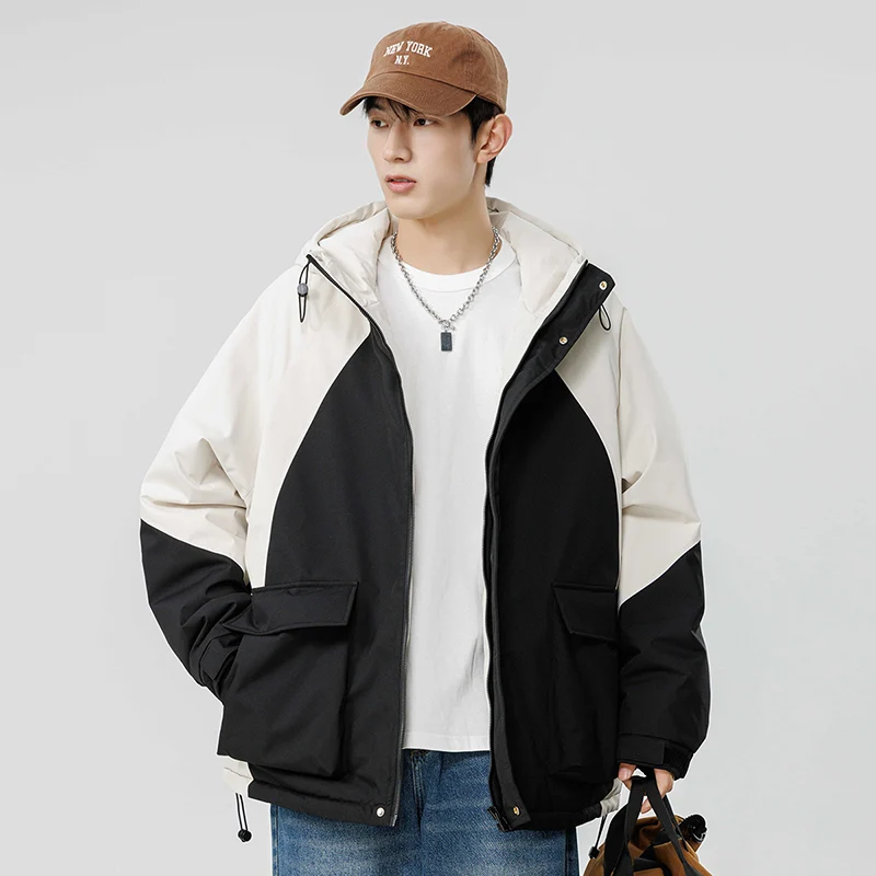 Outdoor Men's Winter Padded Jacket Hooded Zip-up Patchwork Windbreaker Waterproof Outerwear Hiking Fashion Thick Warm Parkas