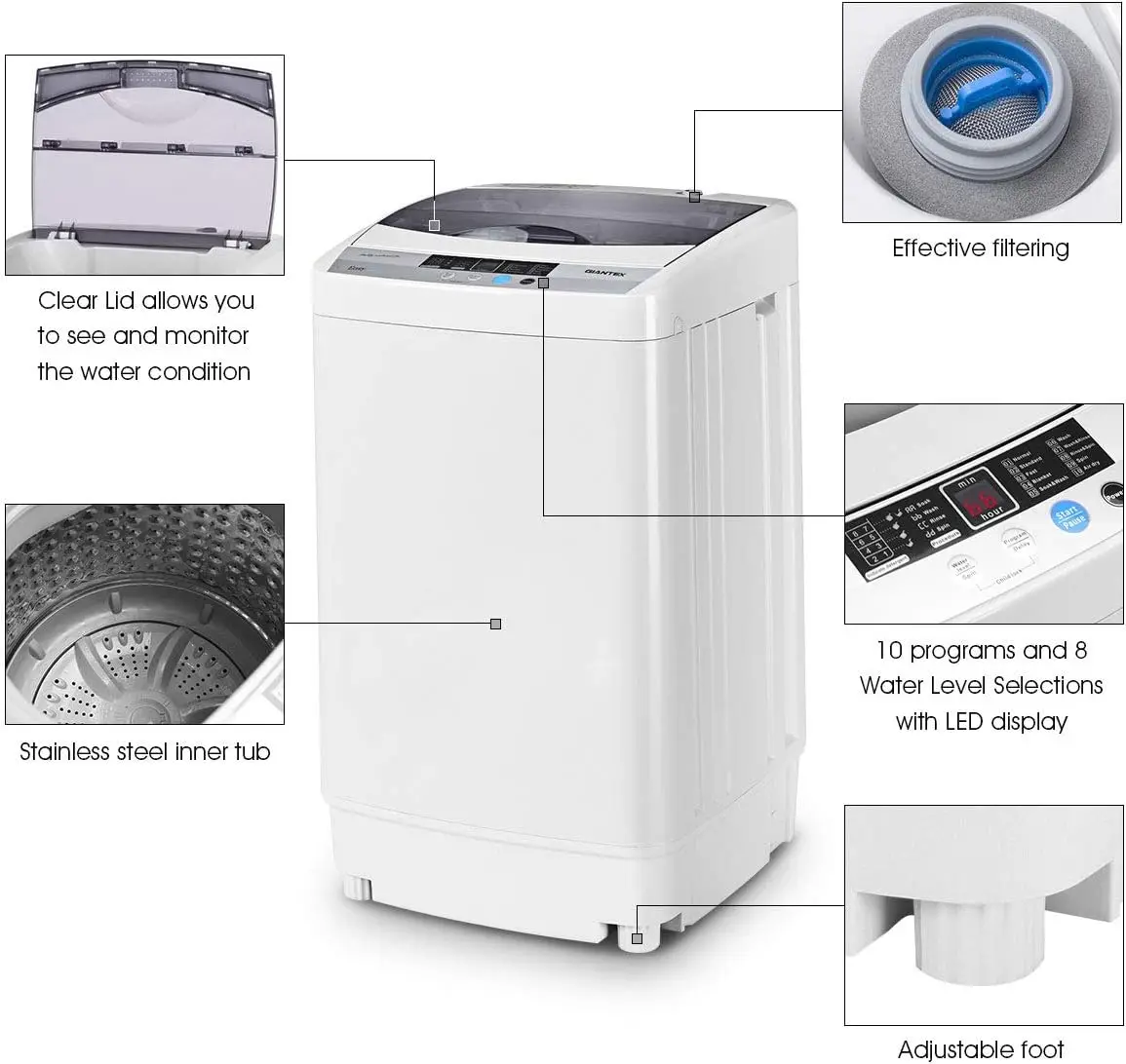 Full-Automatic Washing Machine Portable Compact 1.34 Cu.ft Laundry Washer Spin Drain Pump 10 programs 8 Water Level