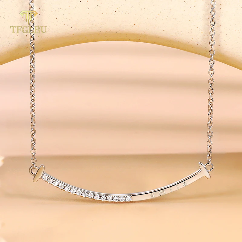 

TFGLBU Full Moissanite S925 Sterling Silver Smile Necklace for Women 18k Plated Clavicular Chain Gift GRA Wedding Fine Jewelry