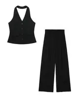 HH Women 2 Piece Set Halter Neck Single-Breasted Pocket Sleeveless Halter Vest Tops+High Waist Zipper Pockets Wide Leg Pant - Image 5