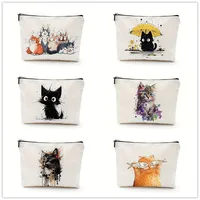 Whimsical Cat Canvas Women Makeup Bag Portable Travel Cosmetic Bag with Zipper Lightweight Female Coin Pouch Fashion Girls Purse 1
