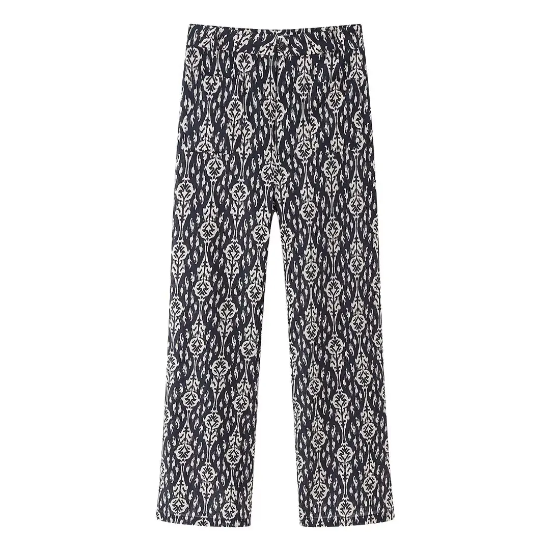 

DYLQFS 2023 NEW Summer Women Print Loose Button Pockets Decoration Casual Vintage Sweet Straight Leg Pants