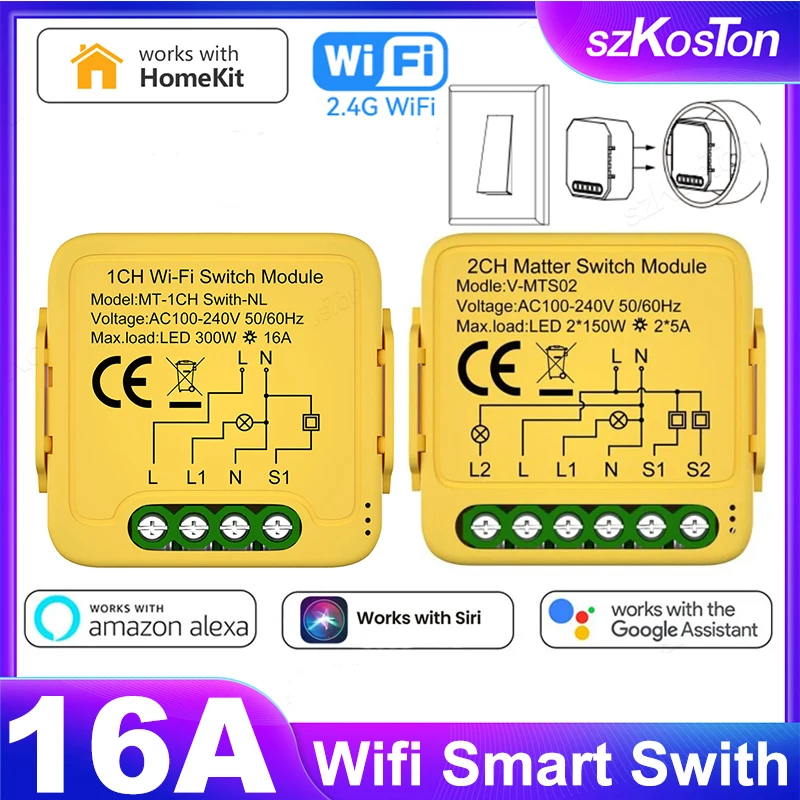 For Homekit WiFi Smart Switch 16A Smart Home Automation Relay Module Works with Homekit Siri Smartthings Alexa Google Home