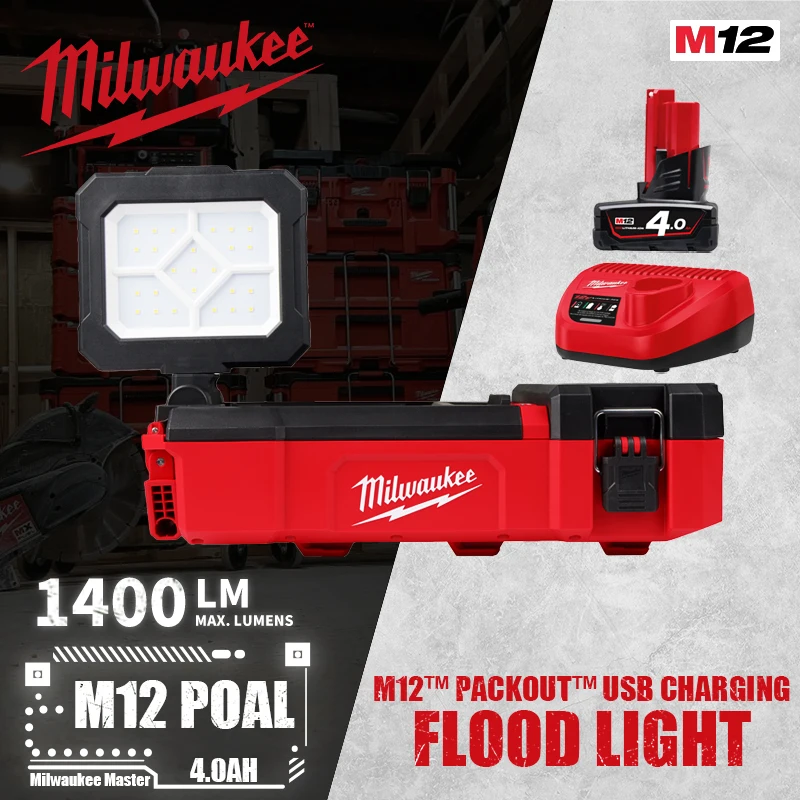 Milwaukee M12 Poal/2356 Kit M12™Packout™Luce Di Inondazione Con Ricarica Usb Accessori Per Utensili 1400Lm Con Caricabatteria