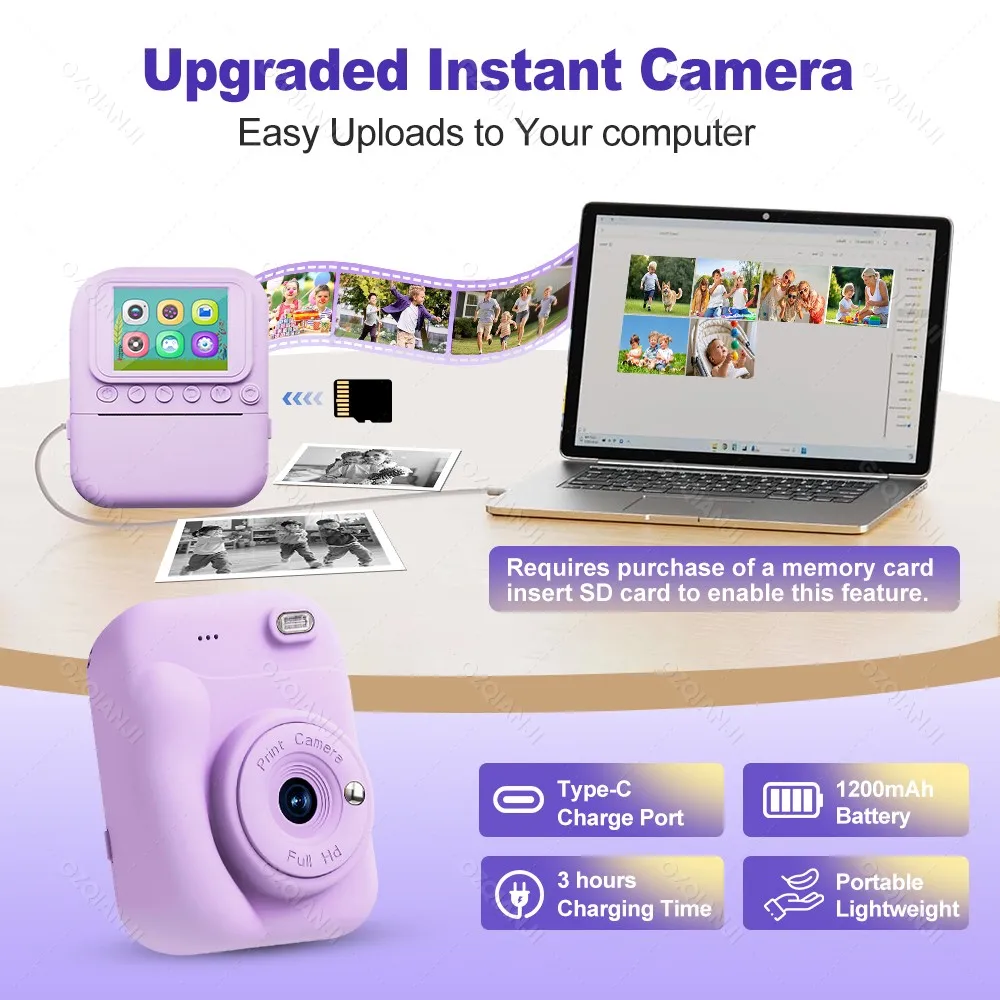 Thermal Printer Kids Instant Printing Camera 5 Color Printing Camera 1080P HD Camera Print Photo Video Games Music Children Gift