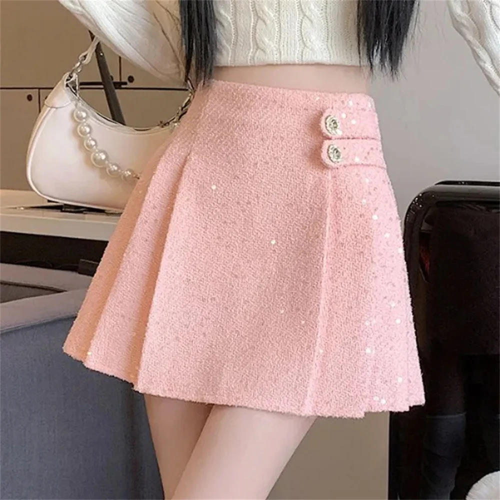 

Sequined Pink Suit Skirt Female Autumn and Winter Fragrance High Waist A word Pleated Skirt Tweed High Waist Skirts for Women