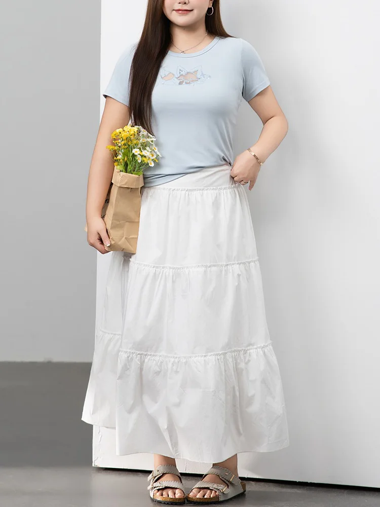 Plus Size Women's Sets Preppy Style Casual Little Fox hollowed-out Embroidered short-sleeved T-shirt And White Cake Long Skirt