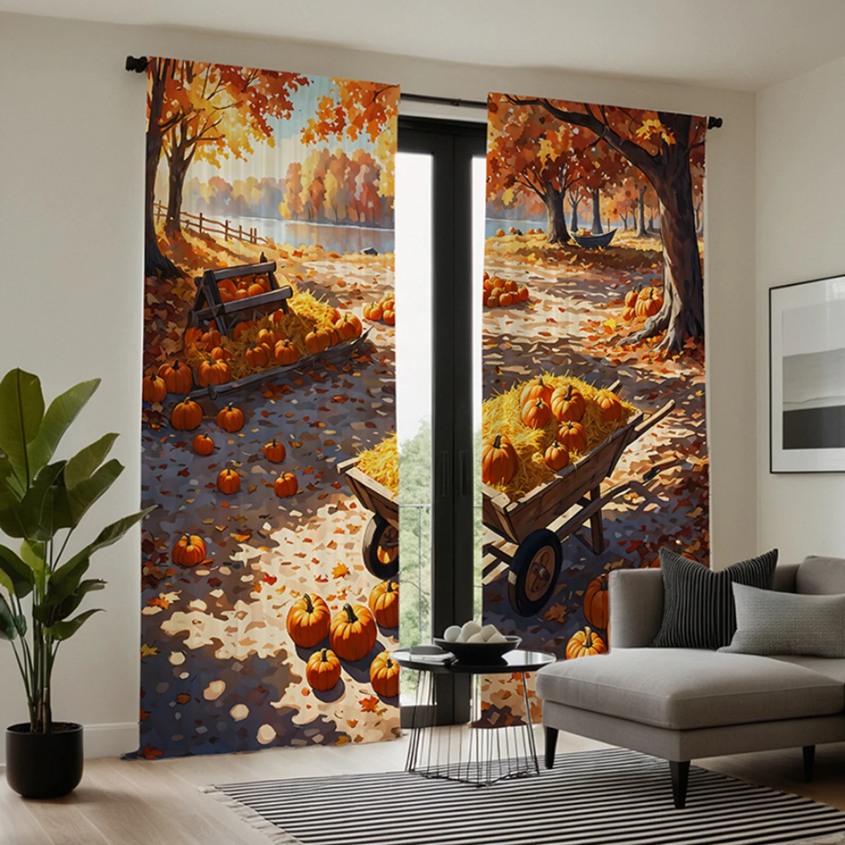 2 pieces of HD autumn wind deciduous pumpkin decorative curtain Yellow tie digital printed curtain home decoration style decorat 4
