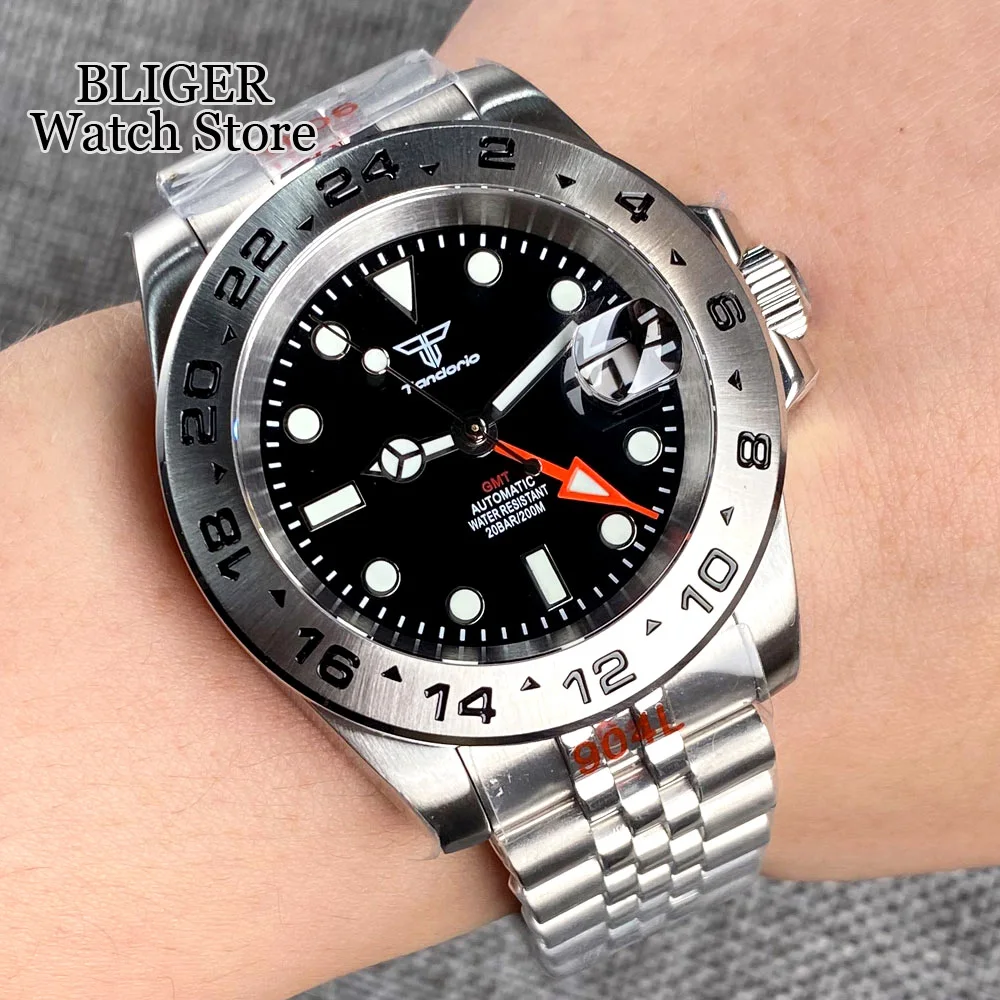 Luxury Tandorio Japan NH34A 39mm Black Dial Luminous NH34 GMT Automatic Men Watch Steel Strap Sapphire Glass 20ATM Waterproof