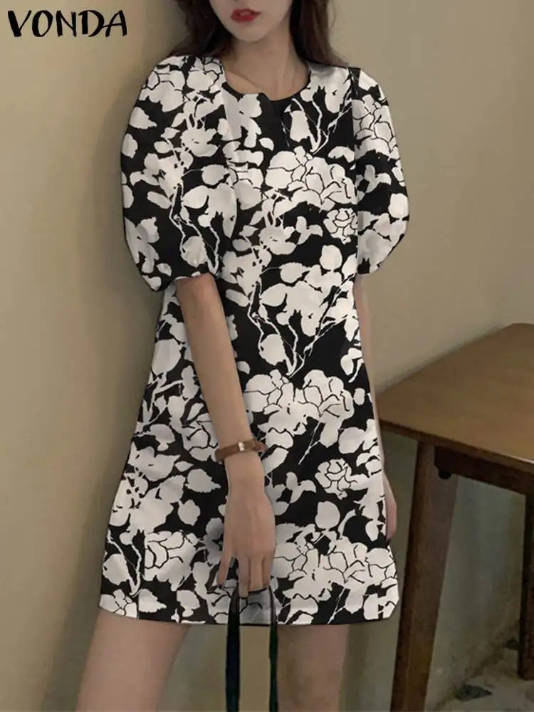 

VONDA Sexy Sundress 2023 Summer Women Party Mini Dress Casual Short Puff Sleeve Prrinted Casual Loose Robe Vintage Vestidos