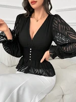 Women's Elegant and Fashionable V Neck Lantern Sleeve Waist Shirt - Image 4