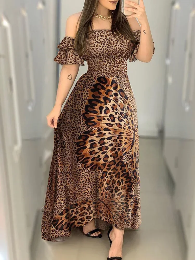 

Leopard Butterfly Print Sexy Off Shoulder Slash Neck Maxi Dress Women Short Sleeve Clothing Summer Dress