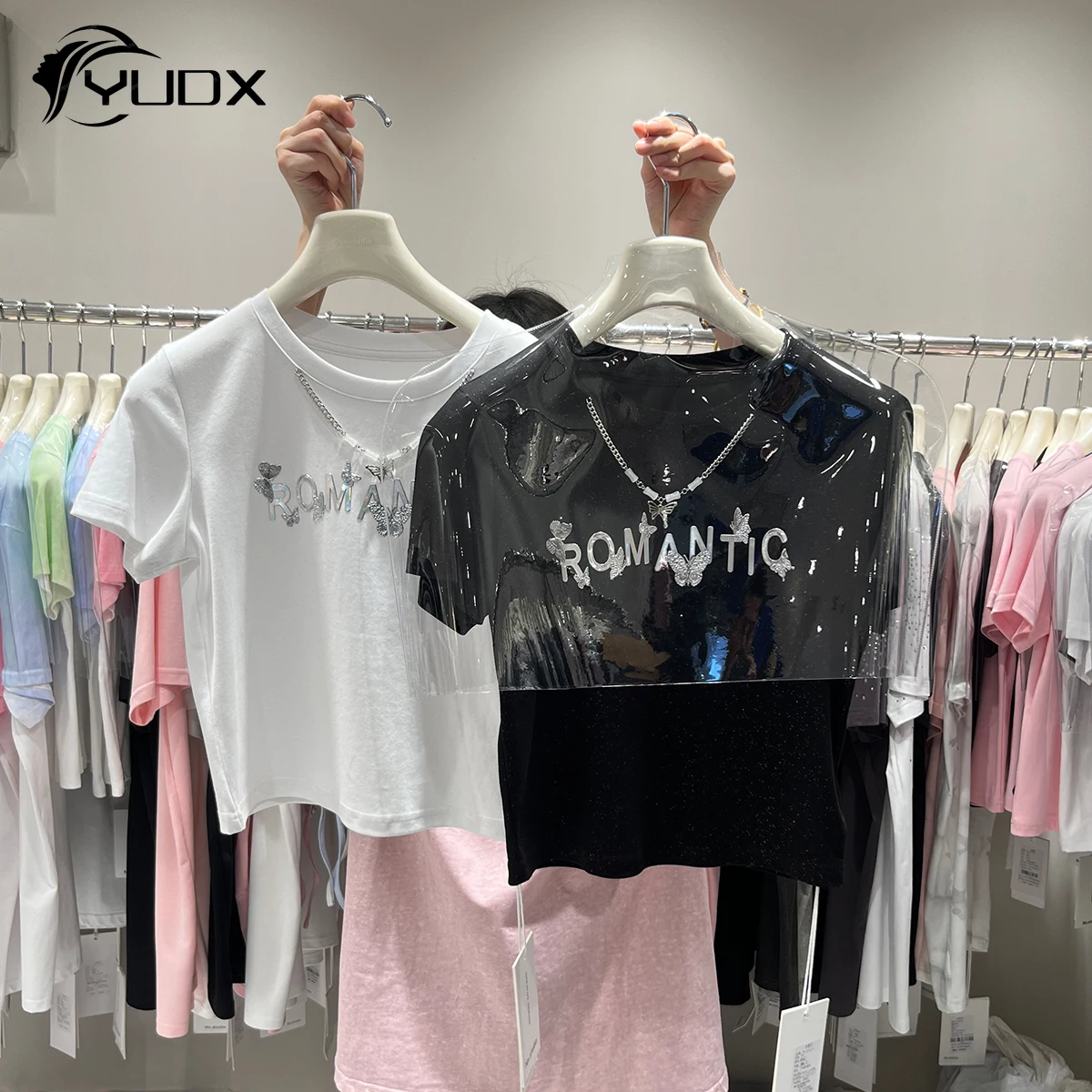 

YUDX Beads Diamond Butterfly Short Sleeve Women Cotton T-shirt 2024 New Summer High Waist Spice Girls Crop Top Slim Basic Tees