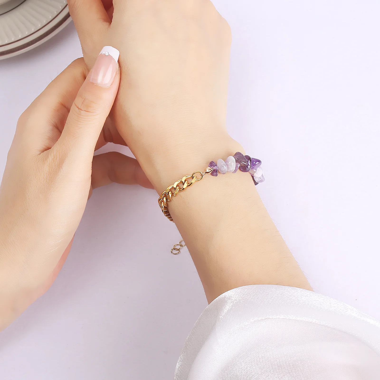 Stainless Steel Bracelet Bohemian Bracelets 316l Stainless Steel Natural Crystal Purple Stone Bracelet For Woman
