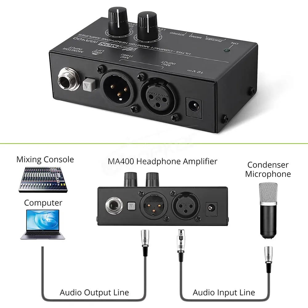 New MA400 Headphone Preamplifier Microphone Preamplifier Audio 6.35mm & 3.5mm He