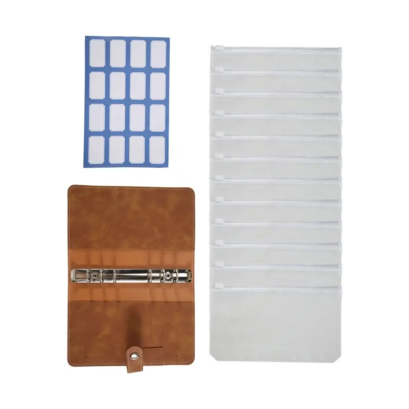 브라운 예산 바인더, 현금 상품권용 PU 가죽 지갑, 12개의 지퍼 봉투가 있는 플래너 노트 커버