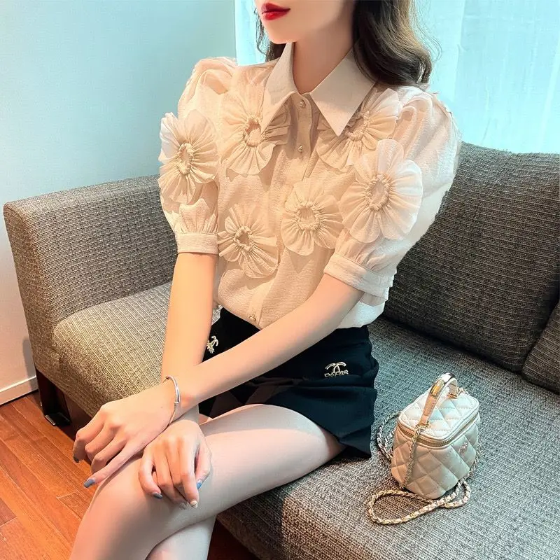 스위트 오피스 레이디 반팔 셔츠, 패치워크 밝은 라인 장식 상의, 2024 새로운 트렌드 단색 블라우스, 여름 패션