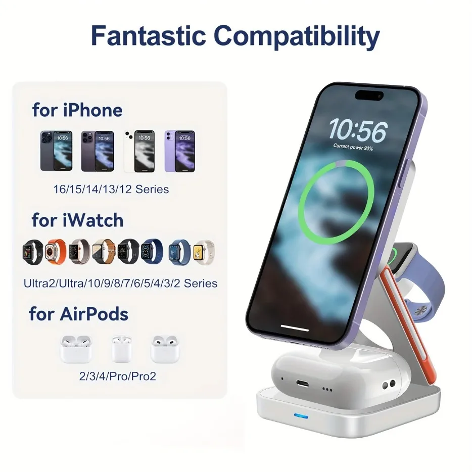 3 in 1 Foldable Magnetic Wireless Charger Stand 100W Fast Charging Station for iPhone 16 15 14 13 12 iWatch 10-2 Airpods Pro Max