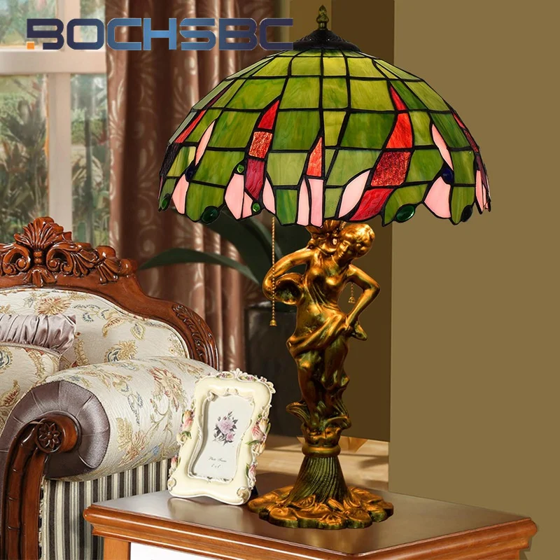 

BOCHSBC Tiffany green beads style stained glass desk lamp 16 inch art Deco living room study bedroom bedside beauty reading lamp