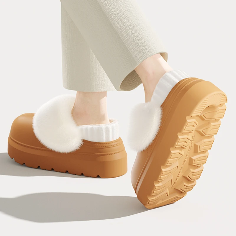 Outdoor Waterproof Cotton Slippers Women Thick Bottom Non Slip Fluffy Home Slippers Woman Comfortable Warm Thicken Plush Slides