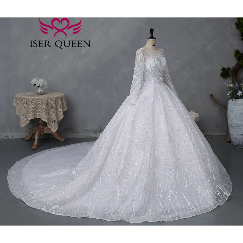 Customized Full Sleeves Africa Style Wedding Dress With Pearls Crystal Heavy Beading Shiny Tulle Plus Size Wedding Gown WX0466