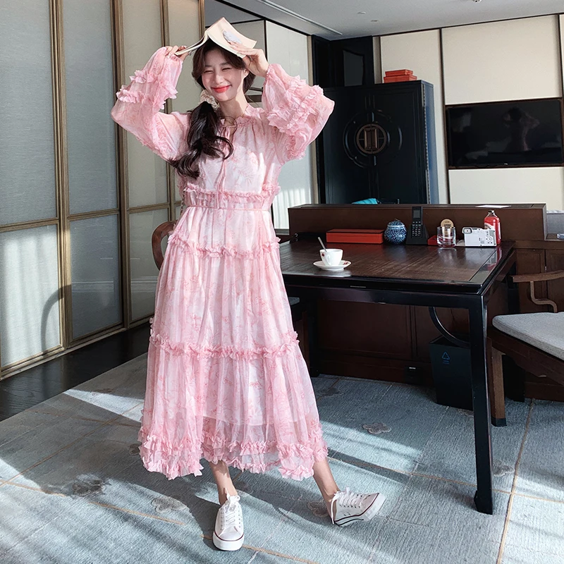

Pink Print Long Sleeve Big Swing Dress for Women 2024 Spring New Elegant French Style Sweet Girl Loose Casual Maxi Dresses 9086