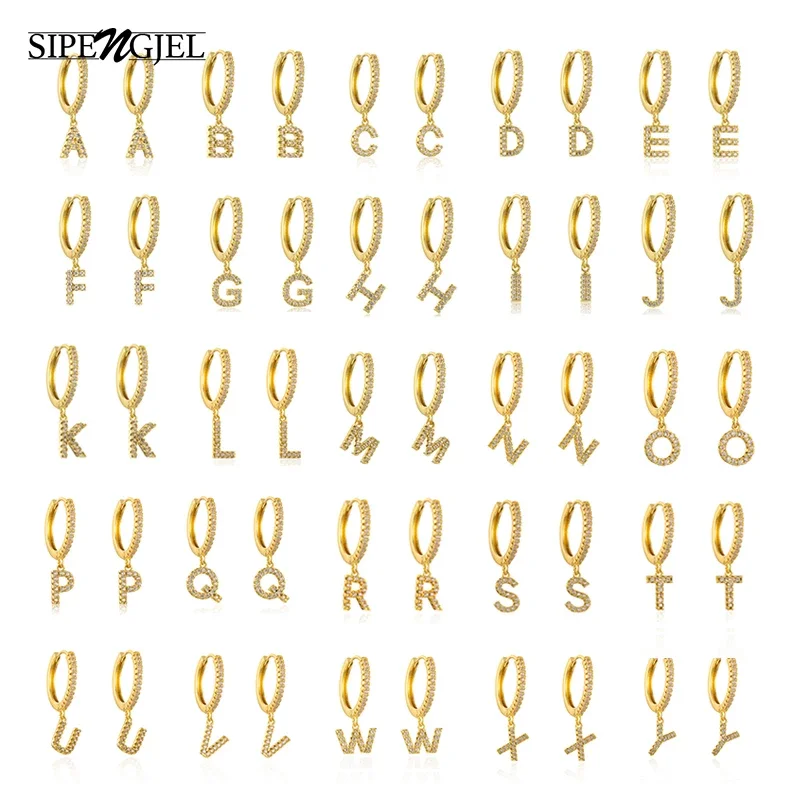 SIPENGJEL Fashion Zircon Letters A-Z Gold Color Hoop Earrings for Women Luxury Initials Dangle Drop Earrings Jewelry Accessory