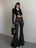 REDDACHiC Acubi mode noir Flare jean rétro moustaches maigre Stretch taille basse poches Cargo pantalon femmes Grunge Alt Streetwear 4
