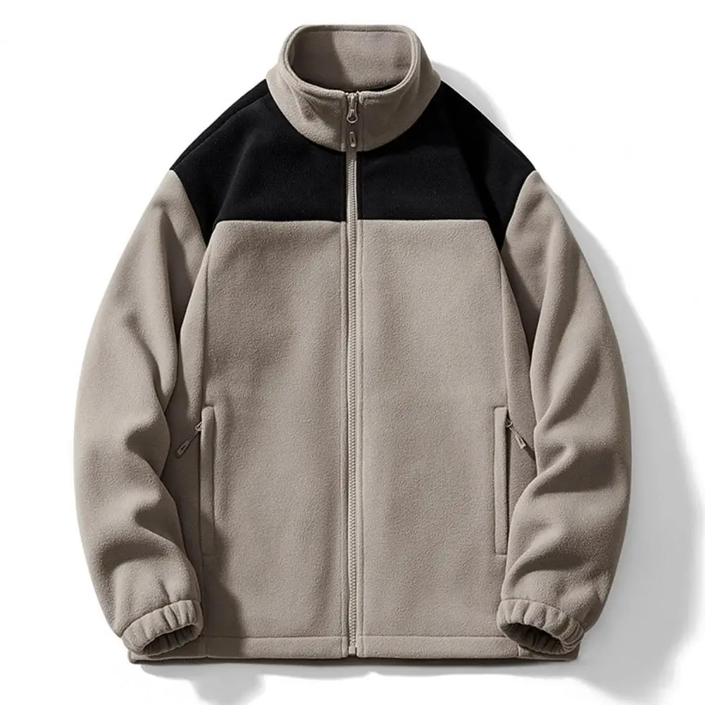 

Men Autumn Winter Jacket Stand Collar Long Sleeve Thick Cold Resistant Zipper Closure Pockets Loose Elastic Cuff Coat