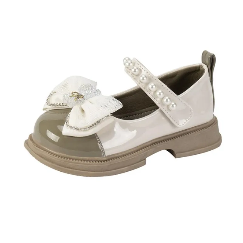 

Girls' Princess Shoes 2023 Autumn kids Mary Jane Single Shoes Pearl bow Soft Sole Black Small Leather Shoes Wedding dress shoes