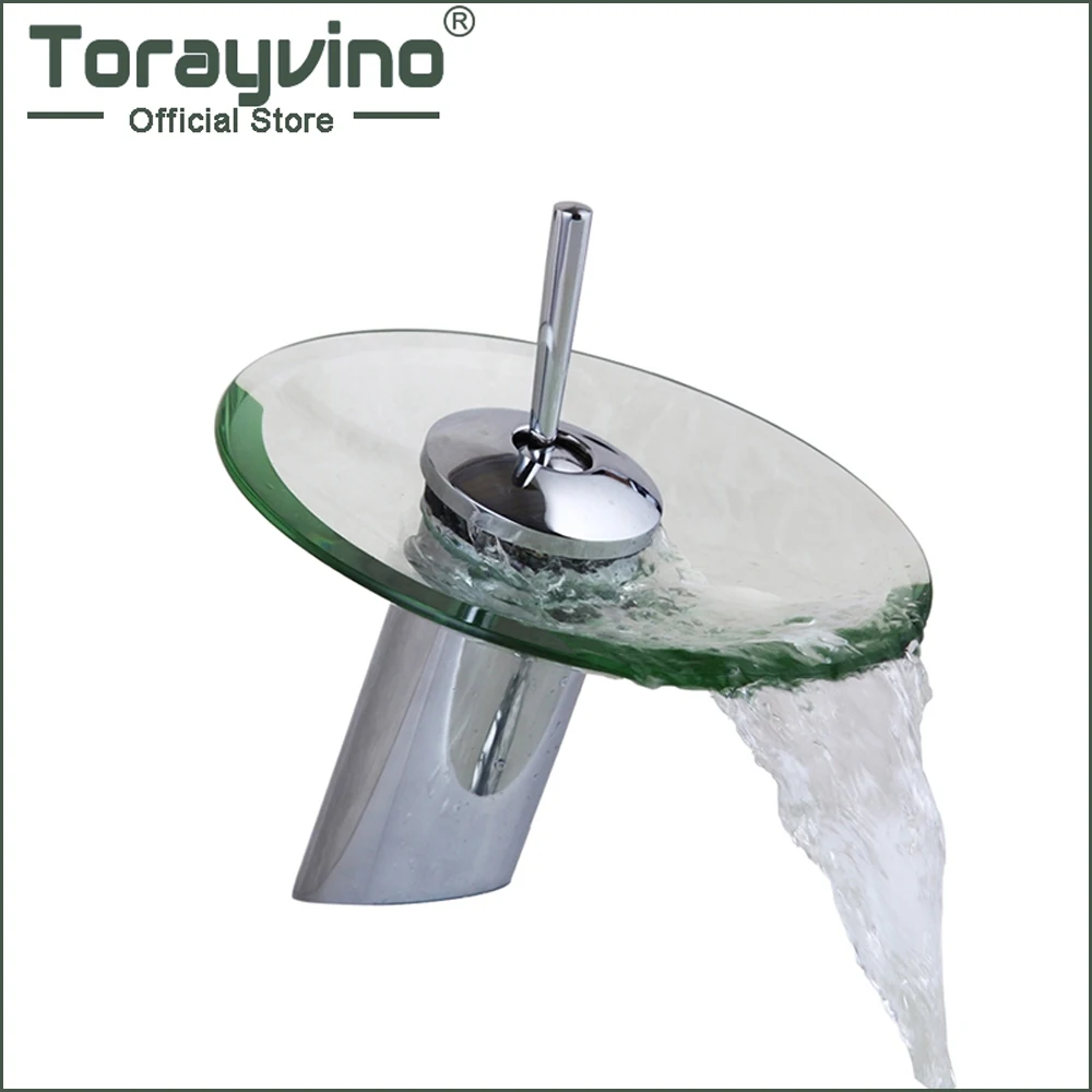 

Torayvino Waterfall Round Glass Spout Basin Sink Bathroom Faucet Chrome Polished Finish Deck Mounted Single Hole Mixer Water Tap