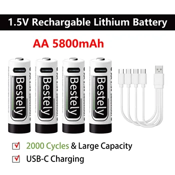 Bestely original 1.5V AA 5800mAh Lithium ion Rechargeable Battery AA Fast Charging Li-ion 2000 Cycle with USB- C Port Cables