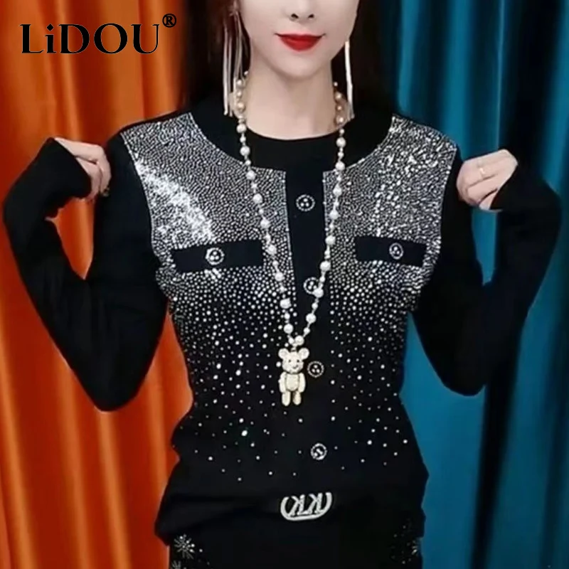 

Spring Autumn New Printing Fashion Long Sleeve T-Shirts Women High Street Casual Loose Patchwork Diamonds All-match Pullovers