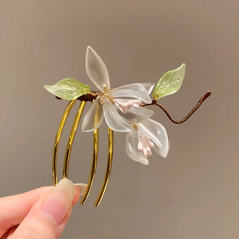 Vintage Blume Haarnadel Elegante Chinesische Stil Glas Blume Haar Kamm Für Frauen Mädchen Exquisite Fee Metall Haar Zubehör 1pc – Detail 7