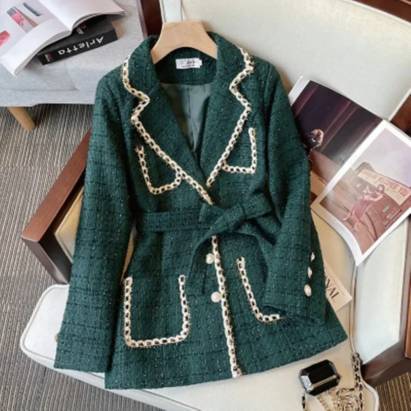 

LKSK 2023 Fall Winter Small Fragrant Tweed Woolen Coat For Women Fashion Houndstooth Lace-Up Outerwear Female Large Size