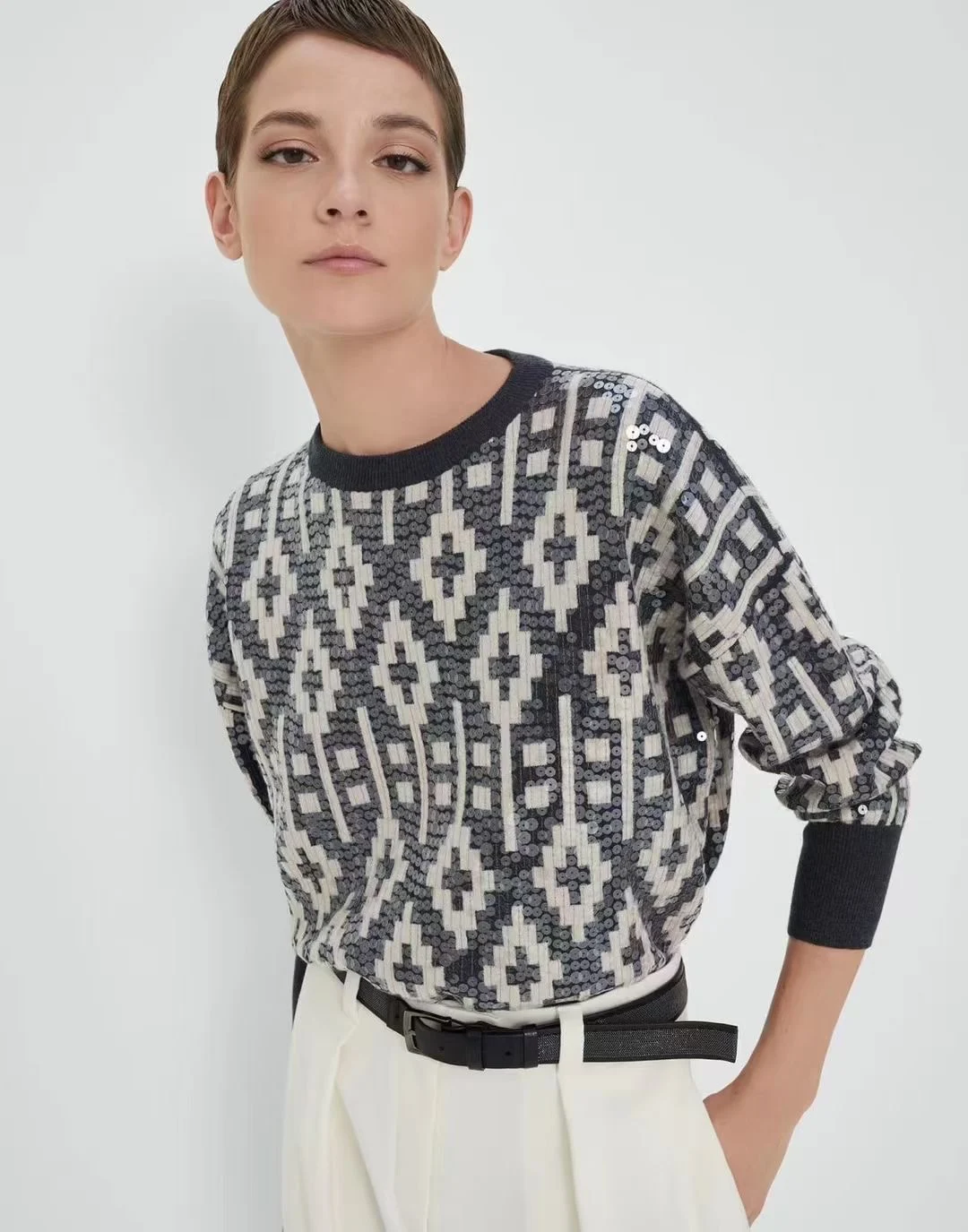 

Women'S Jumper Heavy Sequin Embroidered Sweater Style Retro Age-Reducing Geometric Pattern Loose Wool Top Female